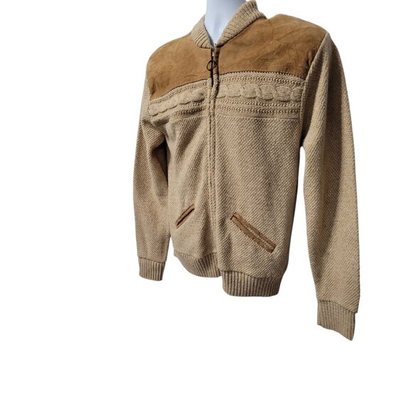 Vintage 1960's Cardigan Mens S/M Full Zip Cardigan Pockets Suede Yoke Tan Brown - Picture 6 of 12